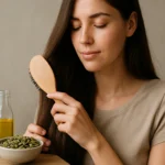 Žena s dlhými vlasmi sa stará o vlasy pomocou tekvicových semien a oleja.