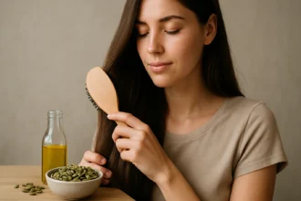 Žena s dlhými vlasmi sa stará o vlasy pomocou tekvicových semien a oleja.