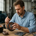 Technik skúma bezuhlíkový DC motor v dielni