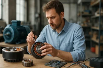 Technik skúma bezuhlíkový DC motor v dielni