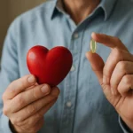 Osoba drži červené srdce a kapsulu koenzýmu Q10 na podporu zdravia srdca.
