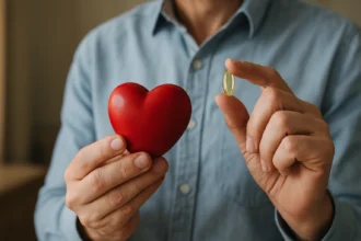 Osoba drži červené srdce a kapsulu koenzýmu Q10 na podporu zdravia srdca.