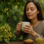 Žena pije lipový čaj v prírode s kvetmi lipy okolo seba.