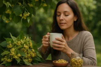 Žena pije lipový čaj v prírode s kvetmi lipy okolo seba.