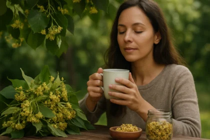 Žena pije lipový čaj v prírode s kvetmi lipy okolo seba.