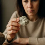 Žena skúma minerál pazúrik v ruke s dôrazom na jeho jedinečné vlastnosti.