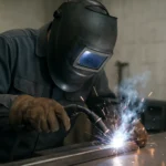 Zvárač v ochrannom odeve pri AWI zváraní s iskrami