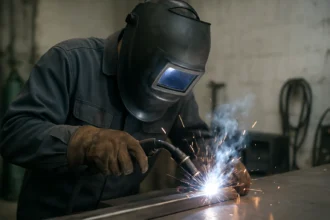 Zvárač v ochrannom odeve pri AWI zváraní s iskrami