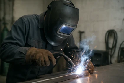 Zvárač v ochrannom odeve pri AWI zváraní s iskrami