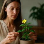 Žena sa stará o rastlinu Turnera diffusa so žltými kvetmi.