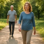 Dvaja ľudia užívajúci si chôdzu v prírode