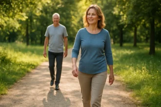 Dvaja ľudia užívajúci si chôdzu v prírode