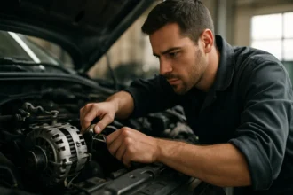 Mechanik opravuje alternátor v motorovom priestore auta