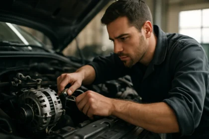 Mechanik opravuje alternátor v motorovom priestore auta