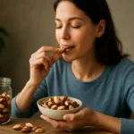 Žena si vychutnáva brazílske orechy z misky, zdravá desiata.