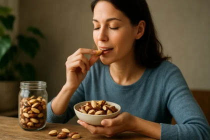 Žena si vychutnáva brazílske orechy z misky, zdravá desiata.