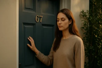 Žena pri dverách s číslom domu 67, zatvorenými očami a rukou na dverách.