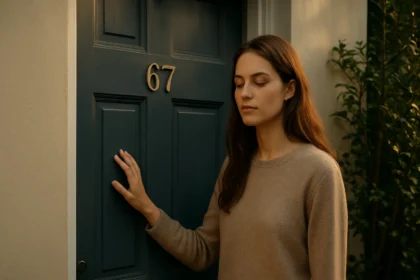 Žena pri dverách s číslom domu 67, zatvorenými očami a rukou na dverách.