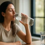 Žena pije vodu obohatenú vodíkom z fľaše.