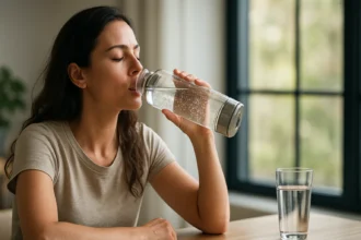 Žena pije vodu obohatenú vodíkom z fľaše.