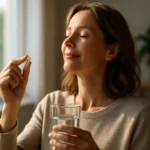 Žena s doplnkom vitamínu D6 a pohárom vody v ruke