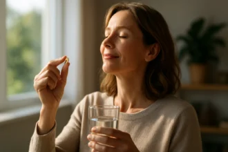 Žena s doplnkom vitamínu D6 a pohárom vody v ruke