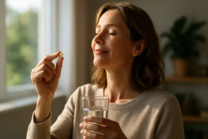 Žena s doplnkom vitamínu D6 a pohárom vody v ruke