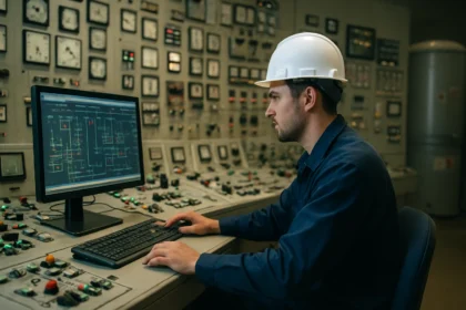 Operátor atómovej elektrárne pracuje s počítačom pri monitorovaní systému.