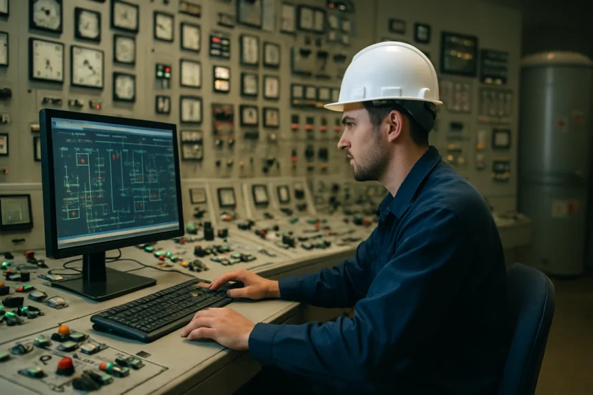 Operátor atómovej elektrárne pracuje s počítačom pri monitorovaní systému.