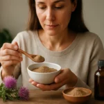 Žena s práškom z pestreca mariánskeho a bylinkami