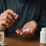 Osoba podáva Reergin tablety s pohárom vody na stole.