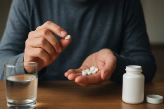 Osoba podáva Reergin tablety s pohárom vody na stole.