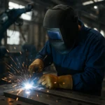 Pracovník pri impulznom zváraní v priemyselnom prostredí