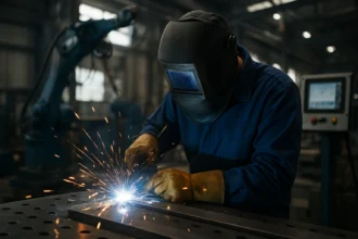 Pracovník pri impulznom zváraní v priemyselnom prostredí