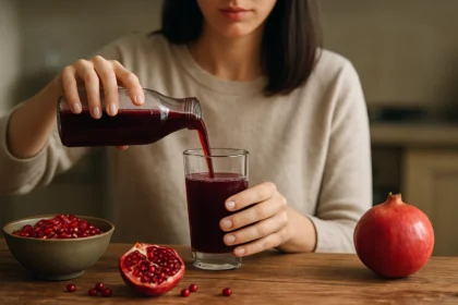 Žena nalieva koncentrát z granátového jablka do pohára.