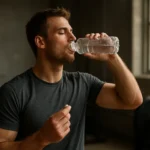 Muž pije vodu a pripravuje sa na cvičenie pre lepší športový výkon.