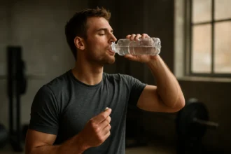 Muž pije vodu a pripravuje sa na cvičenie pre lepší športový výkon.