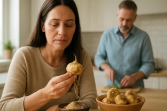 Žena skúma koreň maca, zatiaľ čo muž v pozadí pripravuje jedlo.