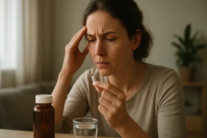 Žena premýšľa nad užívaním MSM prášku, vyzerá znepokojene.