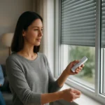 Žena ovládajúca automatizované žalúzie v modernom dome.