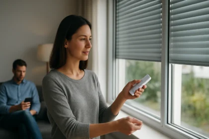 Žena ovládajúca automatizované žalúzie v modernom dome.