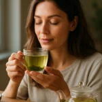 Žena si užíva šálku sencha zeleného čaju.