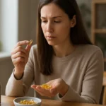 Žena skúma prírodné liečivo s prekvapením na tvári.