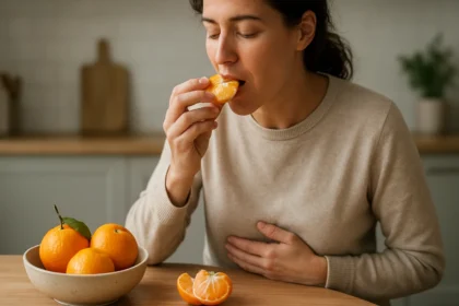 Žena si vychutnáva mandarínku, zdravý dezert podporujúci trávenie.