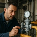 Technik kontroluje regulátor tlaku plynu na inštalácii