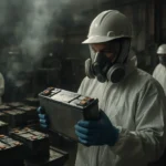 Pracovník vo výrobnom závode batérií s ochranným zariadením.