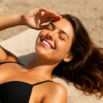 Žena sa opaluje na pláži so šťastným úsmevom