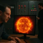 Odborník sleduje slnečné erupcie na monitori v elektrickej stanici.