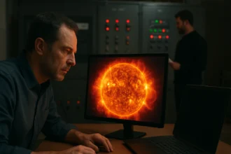 Odborník sleduje slnečné erupcie na monitori v elektrickej stanici.