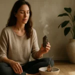Žena meditujúca s dymovým kremeňom a relaxačnou atmosférou